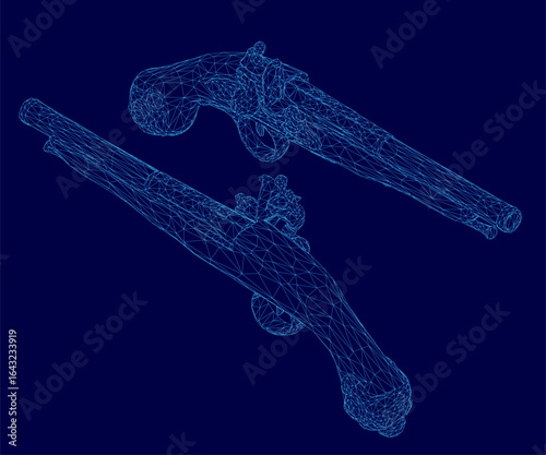 Two 3D wireframe flintlock pistols with intricate details and unique textures stand out against a blue background. The colonial-style firearms feature precise modeling and sharp edges.