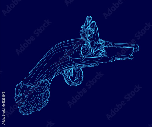 Detailed blueprint of a flintlock pistol with intricate contour lines, set against a blue background. The design highlights colonial-era craftsmanship with precise mechanical details.