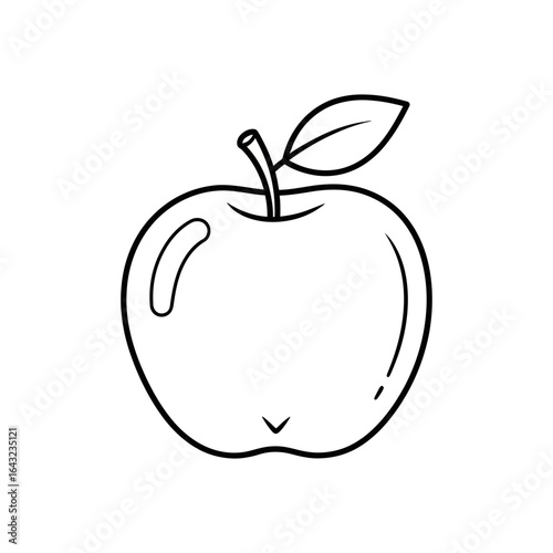 A simple line drawing depicts an apple with a stem and leaf.