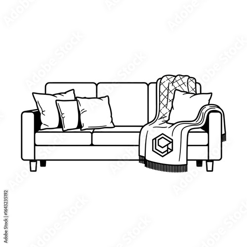 A sectional sofa with pillows and a blanket is depicted.