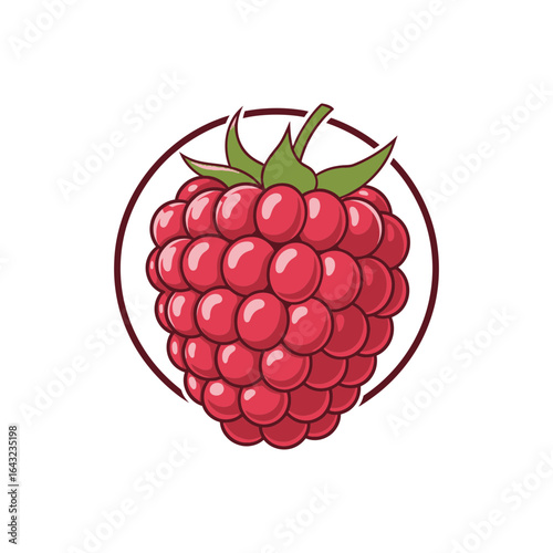 A red raspberry fruit with green leaves inside a black outlined circle.