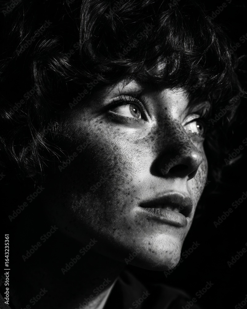 High-contrast black-and-white close-up portrait with freckles and dramatic shadowing. High-contrast black-and-white close-up portrait with freckles and dramatic shadowing.