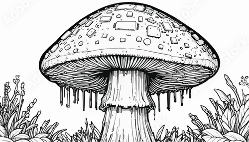 Detailed coloring book illustration of a mushroom surrounded by whimsical foliage
