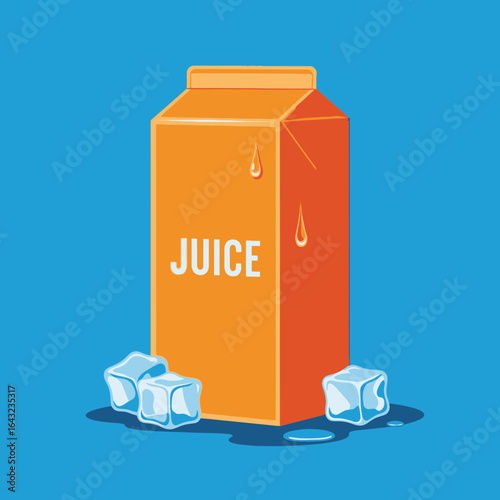 Orange juice carton with the word juice and ice cubes.
