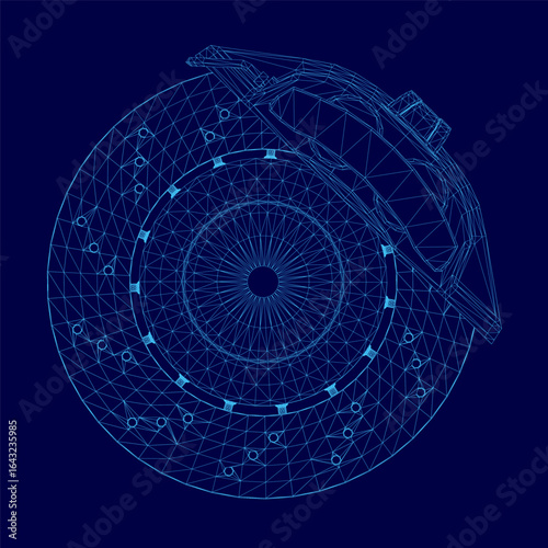 Blueprint of a brake disc wireframe in vibrant blue against a matching background, showcasing precise contours and mechanical design with clean lines. The high-contrast illustration highlights the.
