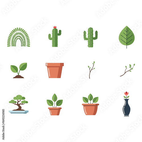 Art of collection of potted plants and garden icons isolated on white background
