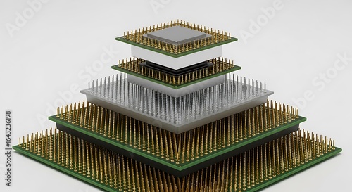 A pyramid stack of computer processors with gold pins, isolated on white background, representing technological advancement and hierarchy