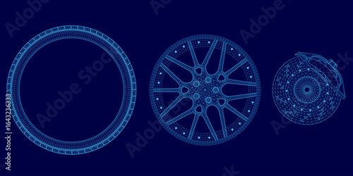 Blueprint of a car wheel features a detailed wireframe design on a solid blue background, highlighting the intricate structure and mechanical components.