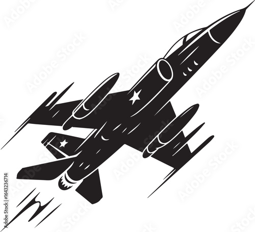 Black silhouette of a military jet isolated on white background