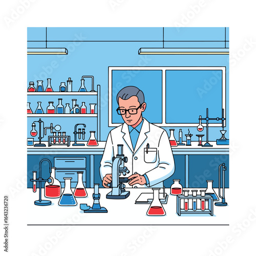Scientist in lab coat using microscope surrounded by beakers and test tubes with blue and red liquids