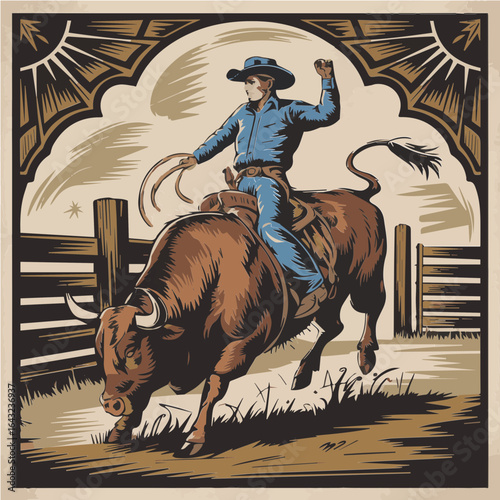 Colorful Vector Illustration of Cowboy riding Bull Rodeo Scene for Poster, cards, print