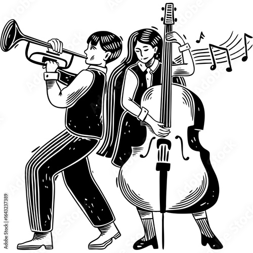 A classic black and white woodcut illustration of a young musical duo, a boy playing the trumpet and a girl on the double bass.