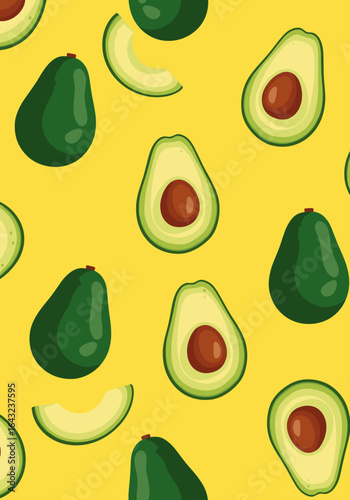 Seamless pattern of fresh green avocados on a vibrant yellow background with slices and halves