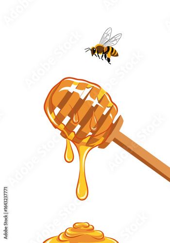 Golden honey dripping from wooden dipper with flying bee overhead
