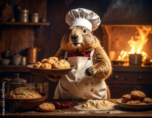 Prairie dog chef holding cookies