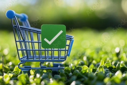 Logo of a blue shopping cart with a green checkmark, symbolizing a successful purchase or completed transaction in an e-commerce context, Generative AI