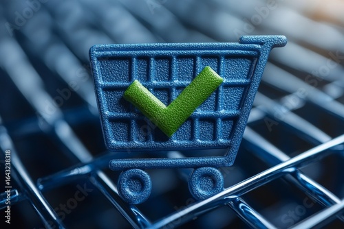 Logo of a blue shopping cart with a green checkmark, symbolizing a successful purchase or completed transaction in an e-commerce context, Generative AI