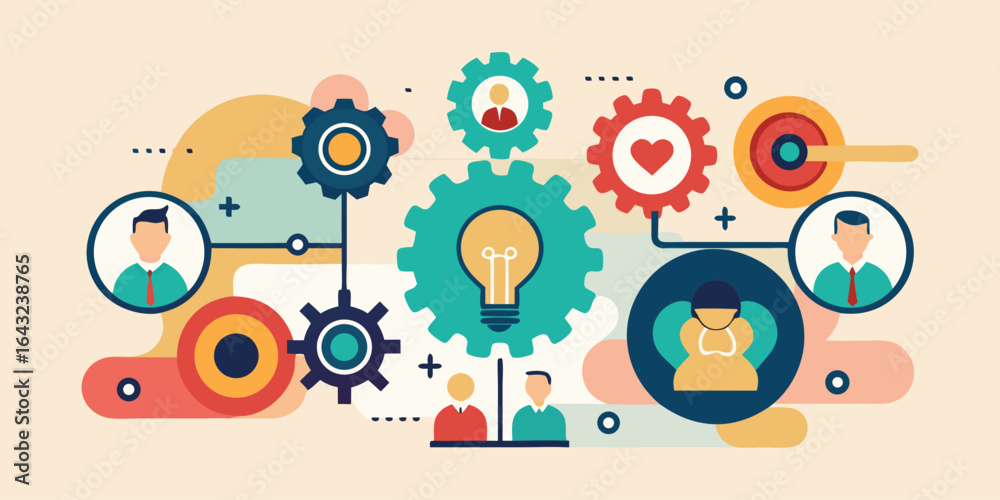 Obraz premium Team collaboration with gears and productivity icons, flat vector style corporate teamwork concept on beige background