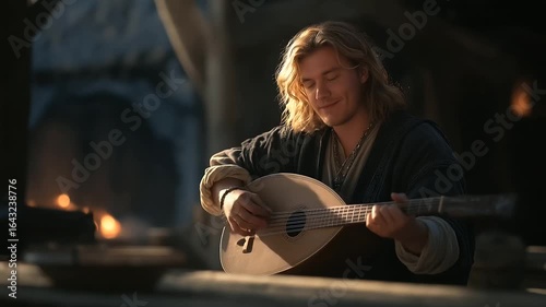 A joyful minstrel playing a lute in a tavern