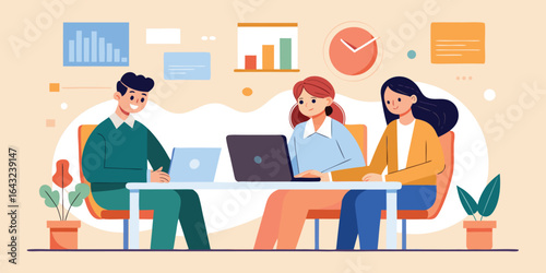  Corporate meeting with three employees reviewing performance reports at desk, flat vector business teamwork concept illustration