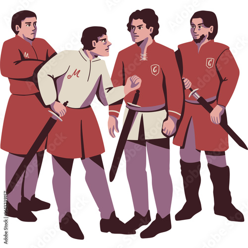 Vector illustration of a tense confrontation among a group of men in medieval fantasy costumes, depicting conflict and disagreement.