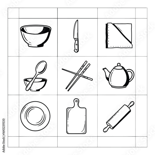 Art of kitchen utensils and tableware isolated on white background