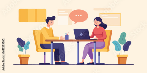 Two professionals sitting at desk, one giving feedback while another listens, flat vector corporate communication concept illustration

