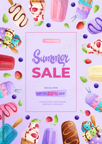 A design template for a summer flyer with various types of ice cream. The concept of sweets, summer, summer sale. Vector illustration in A4 format for posters, banners, promotions, advertisements