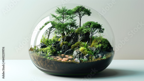 Miniature lush green forest ecosystem inside a clear glass egg shaped terrarium on a light surface