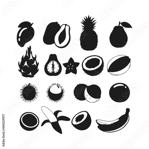 Collection of Black Silhouette Tropical Fruits and Produce on White Background black and white mango