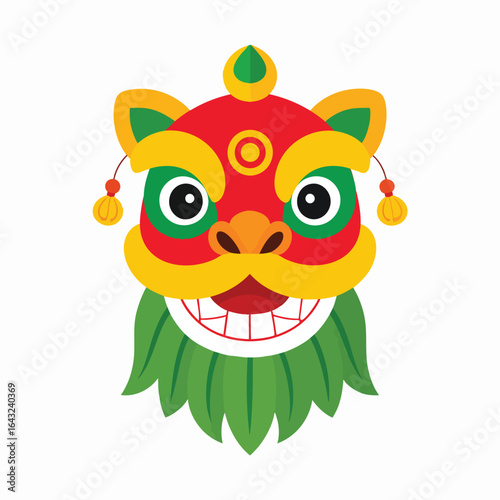 Cheerful lion dance mask, vibrant red and gold, traditional Chinese design, festive symbol.