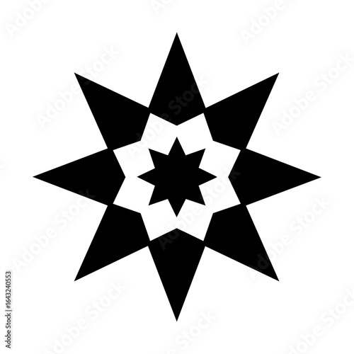 Geometric black starburst abstract symmetry featuring layered eight-point stars on a white background. Modern, bold, and visually striking minimalist design.