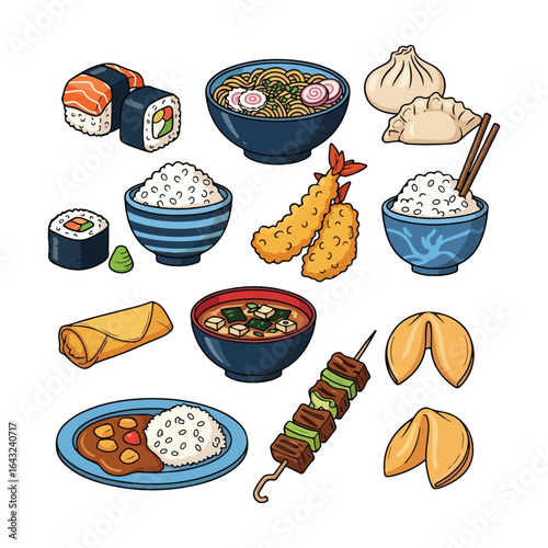Assortment of Japanese and Chinese food items with white background sushi ramen