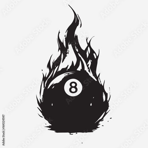 Flaming eight-ball illustration — black vector design with dynamic fire elements, perfect for sports, tattoos, or edgy branding