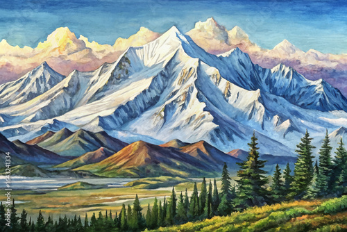 Denali snow covered mountain peak, surrounding tundra, Alaska’s remote wilderness, vast open landscapes, breathtaking view