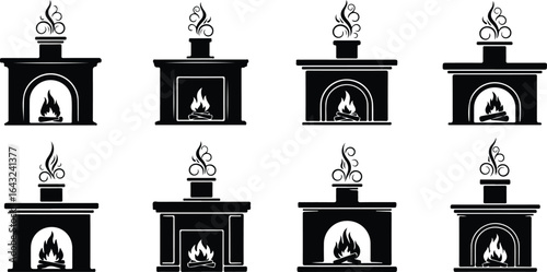 Collection of black silhouette fireplaces with burning logs and ornate smoke hearth