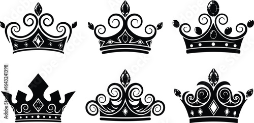 Six black ornate crowns with gemstones on white background royal king