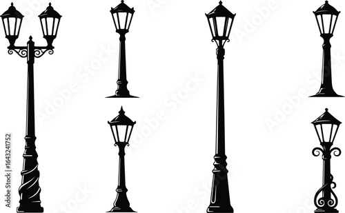 Collection of black silhouette vintage street lamps on white background lamppost antique