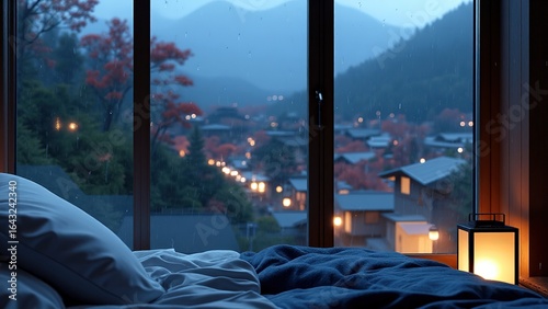 Cozy Bedroom With Scenic Rainy Mountain View at Dusk