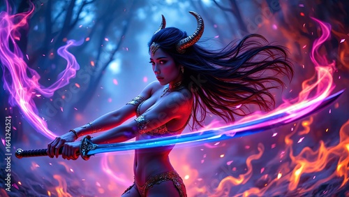 Mystical Warrior in Ethereal Forest with Glowing Swords