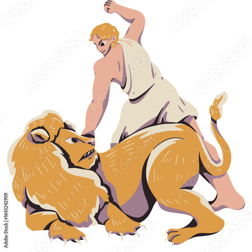Man fights and defeats a lion, showcasing strength and courage in a classic depiction of heroism