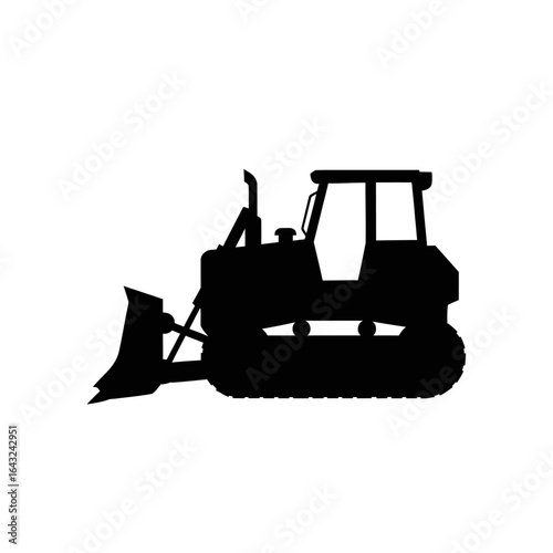 A stark black silhouette of a powerful bulldozer, an essential piece of heavy construction machinery, isolated on a clean white background.