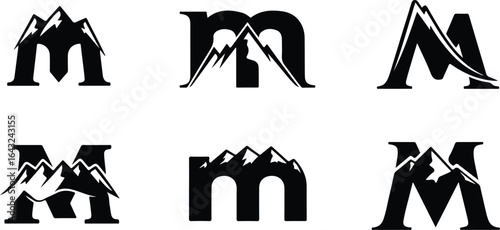 Six black letter m logos with mountain peaks integrated into the design mountains