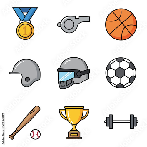 Art of sports equipment and awards collection isolated on white background