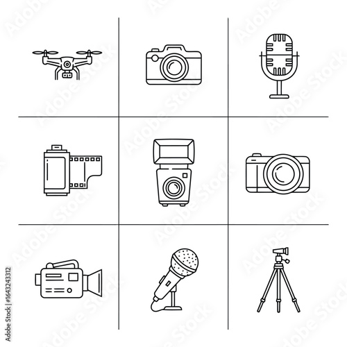 Art of collection of photography and audio equipment icons isolated on white background