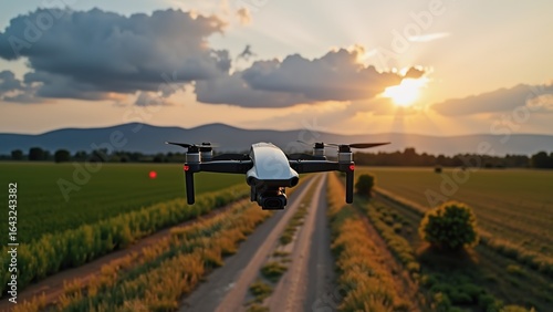 Wallpaper Mural Drone Flying Over Scenic Landscape at Sunset with Open Road Torontodigital.ca
