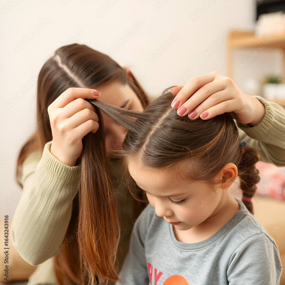 Naklejka premium Mother looks through her 10 year old daughter's hair for lice or nits