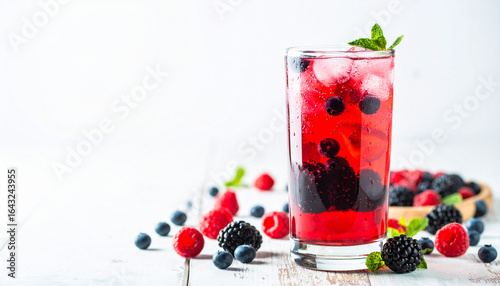 Wallpaper Mural Refreshing berry drink with ice and mint garnish in a glass. Raspberries, blueberries and blackberries are scattered around it on a white surface. Torontodigital.ca