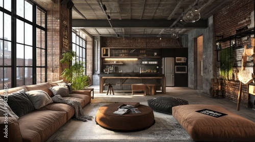 3D rendering of a loft-style living room with an industrial interior design.