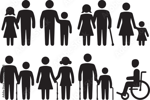 A diverse collection of pictogram icons representing family, community, generations, and social inclusion concepts